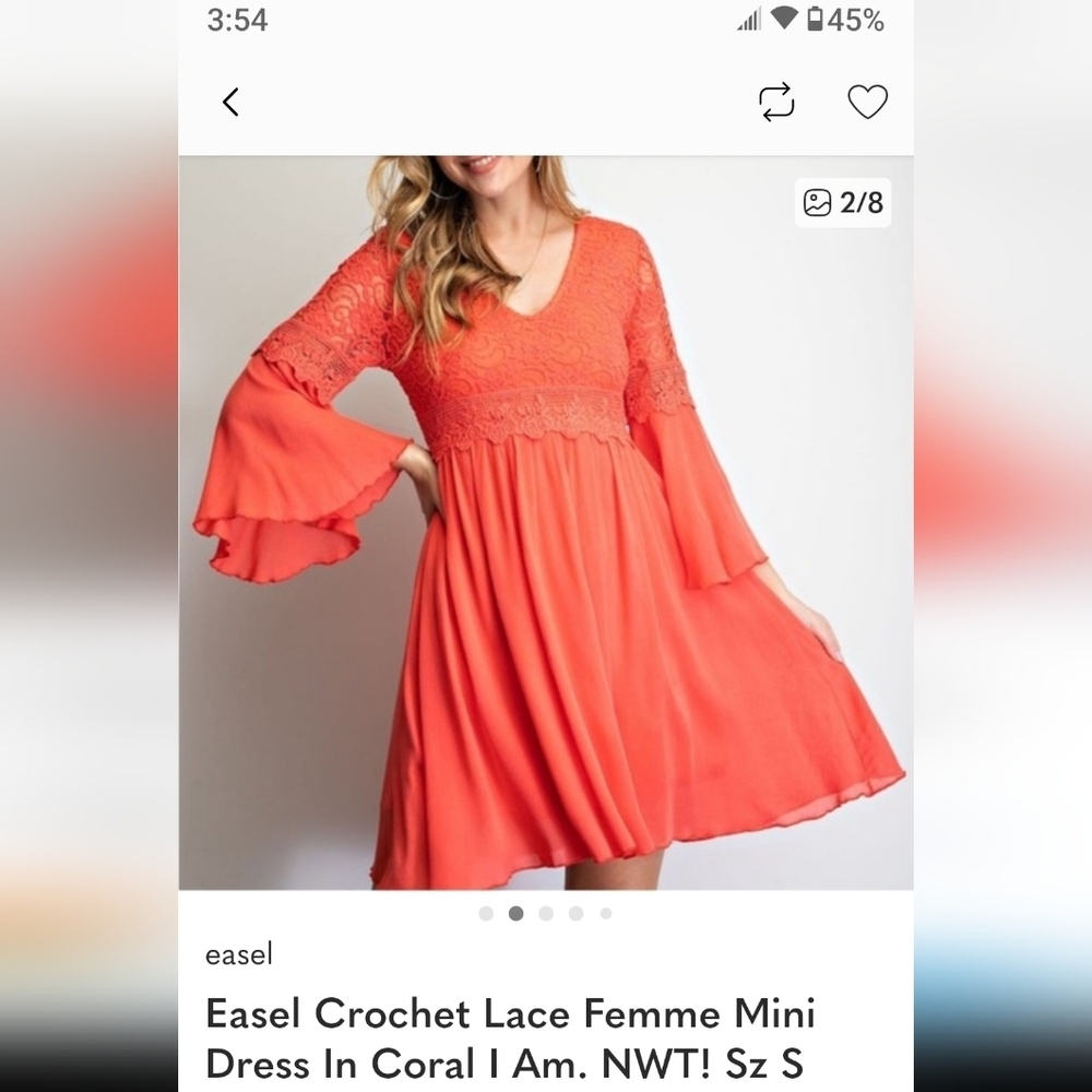 NWT Easel Vibrant Coral Lace Mini Dress S